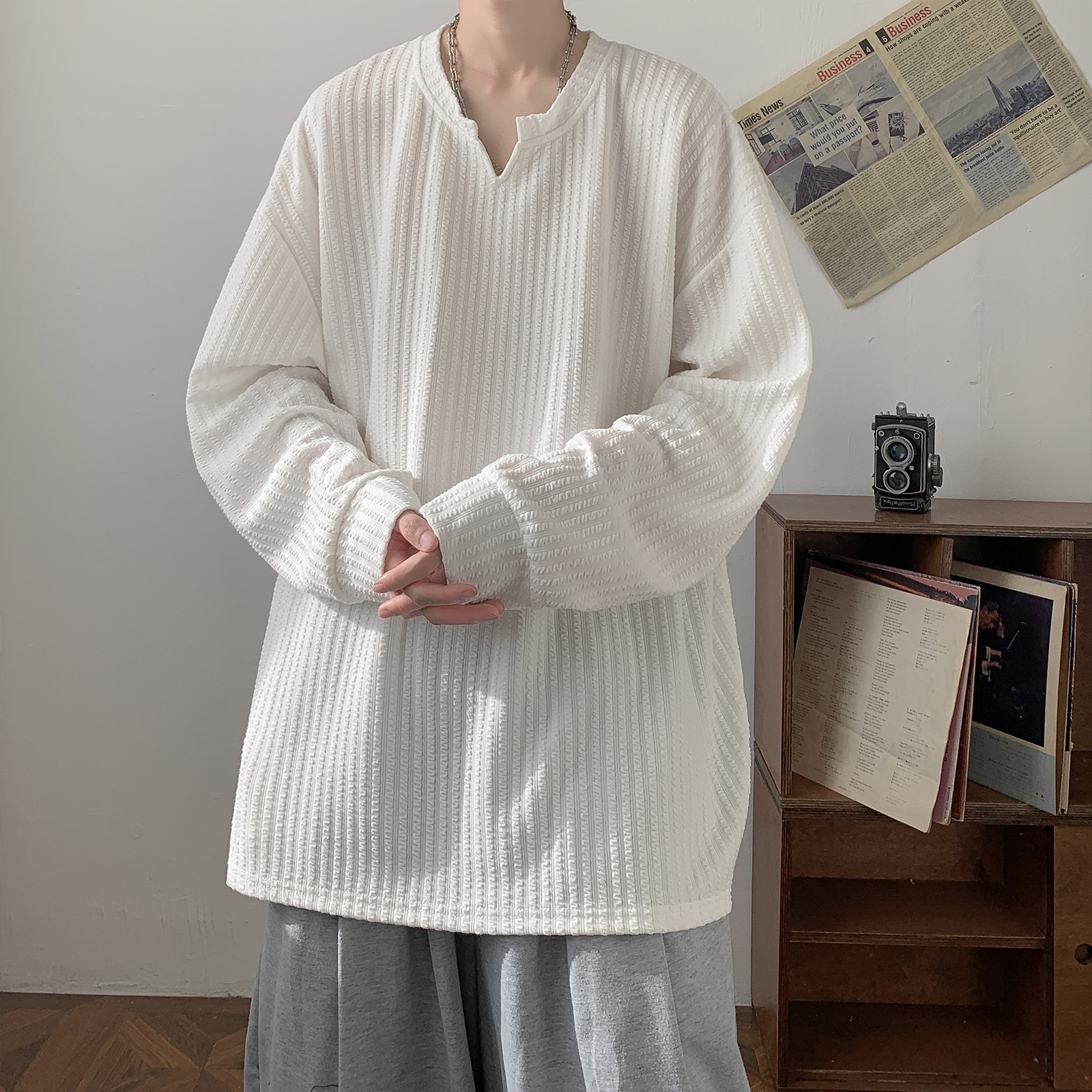 Loose Long Sleeve V-Neck T-Shi - Streetwear High End Brand review and price